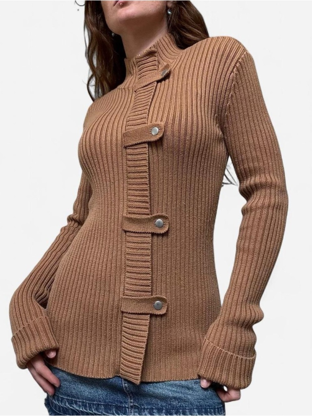 Moda international y2k zip up ribbed sweater with clasps - Picture 2 of 8